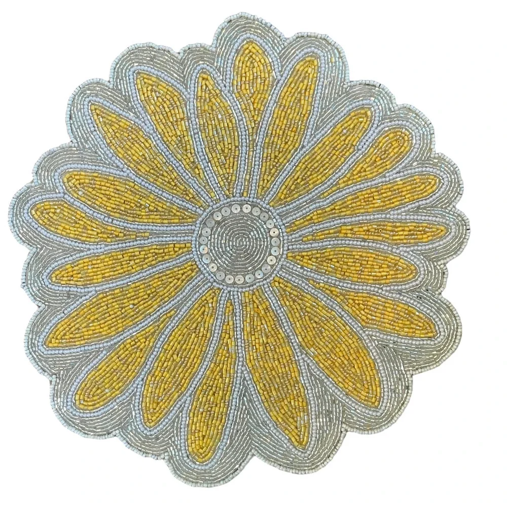 TAHARI HOME Glass Hand Beaded Charger Placemat Summer Yellow & White Floral NEW